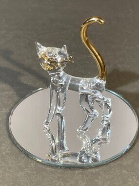 Glass Baron Cat Figurine with Gold Overlay on Tail & Whiskers 2" Tall (#1762)